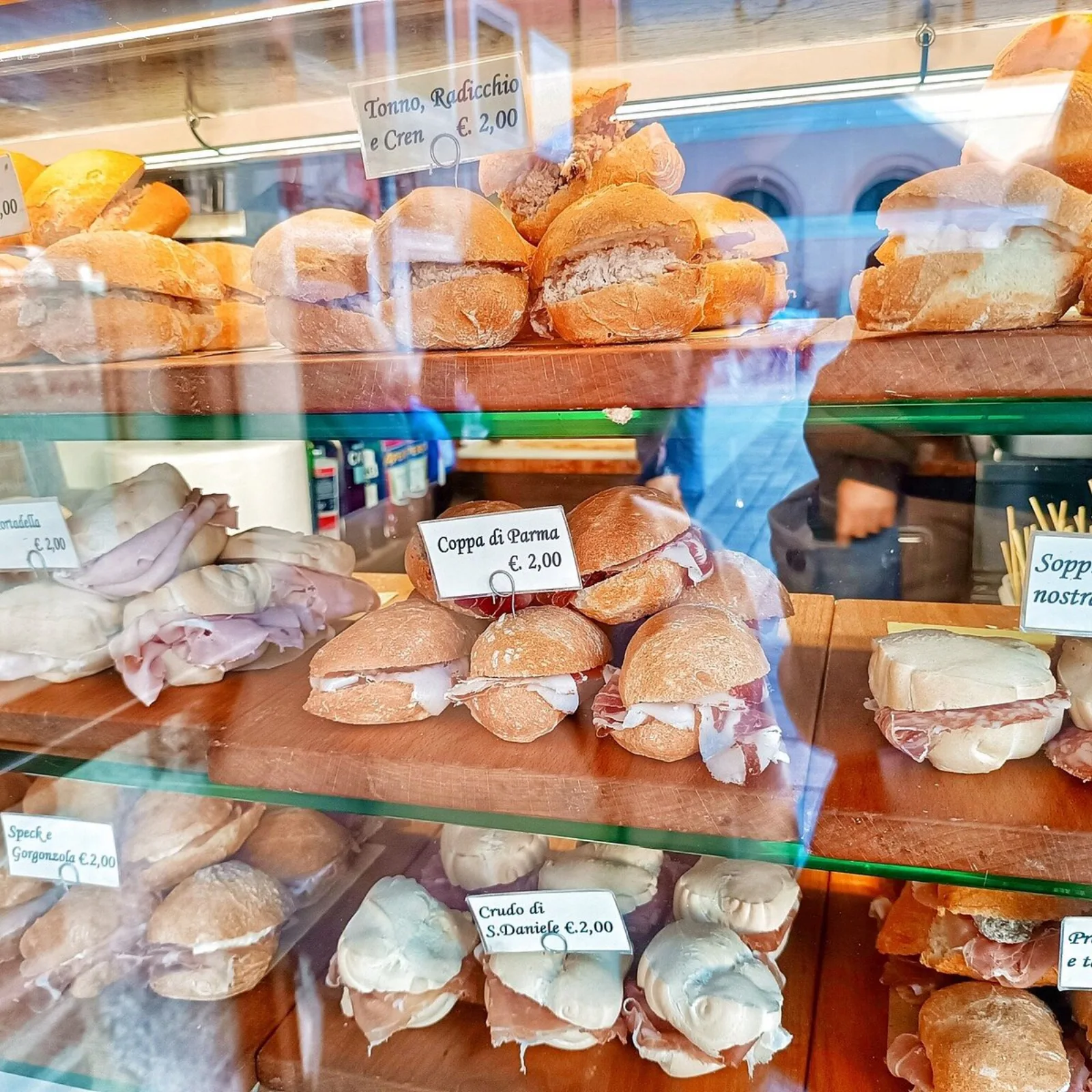 The Al Mercà counter with filled panini and cicchetti of the day, at Rialto