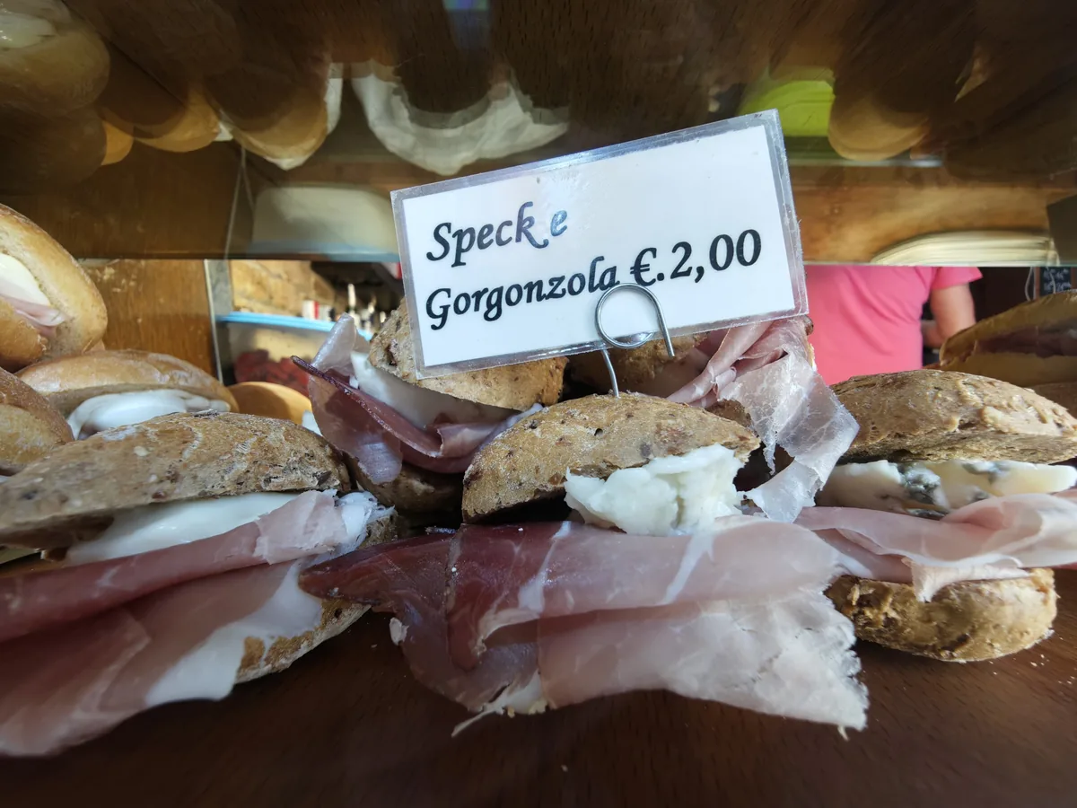Cicchetto with speck and gorgonzola, 2 euro, at the Al Mercà bacaro near the Rialto market in Venice