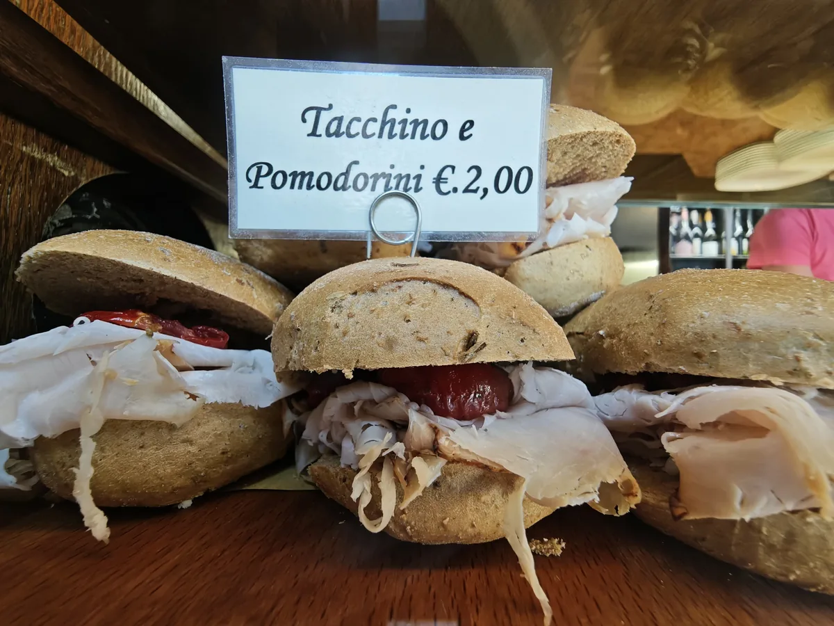 Cicchetto with turkey and cherry tomatoes, 2 euro, at the Al Mercà bacaro near the Rialto market in Venice