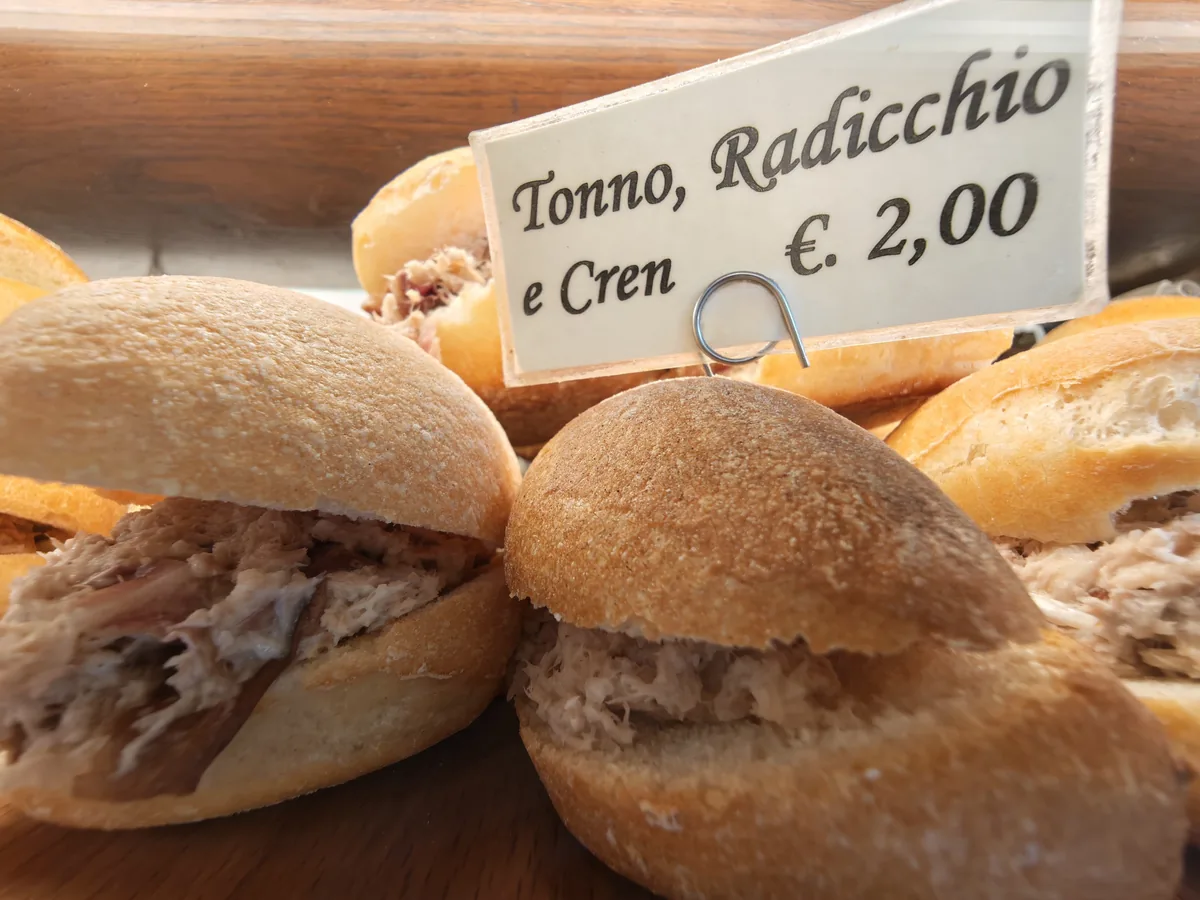 Cicchetto with tuna, radicchio and horseradish, 2 euro, at the Al Mercà bacaro near the Rialto market in Venice