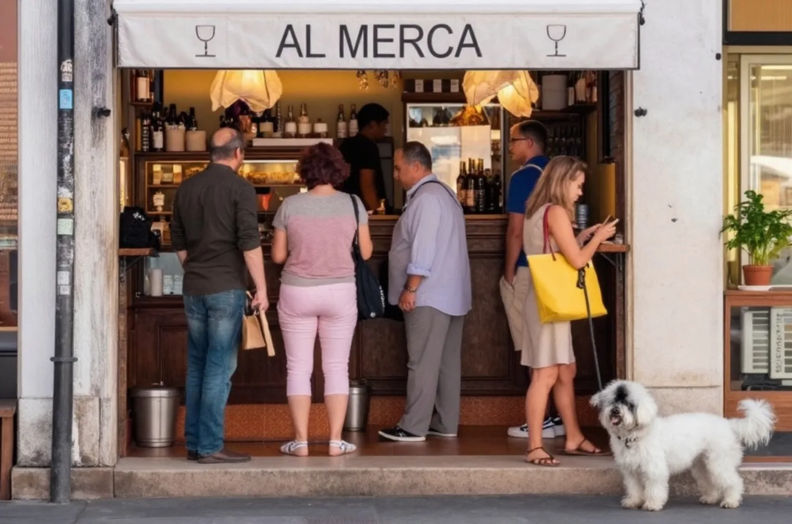 The Al Mercà counter on the square at Rialto, people standing with a glass of wine and a cicchetto in hand